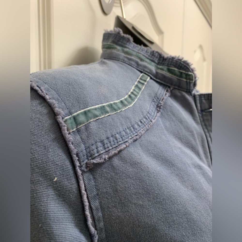 Denim Blue Size Small Lined Nikita Jacket Funnel Collar frayed hem Velour Piping - Picture 6 of 14